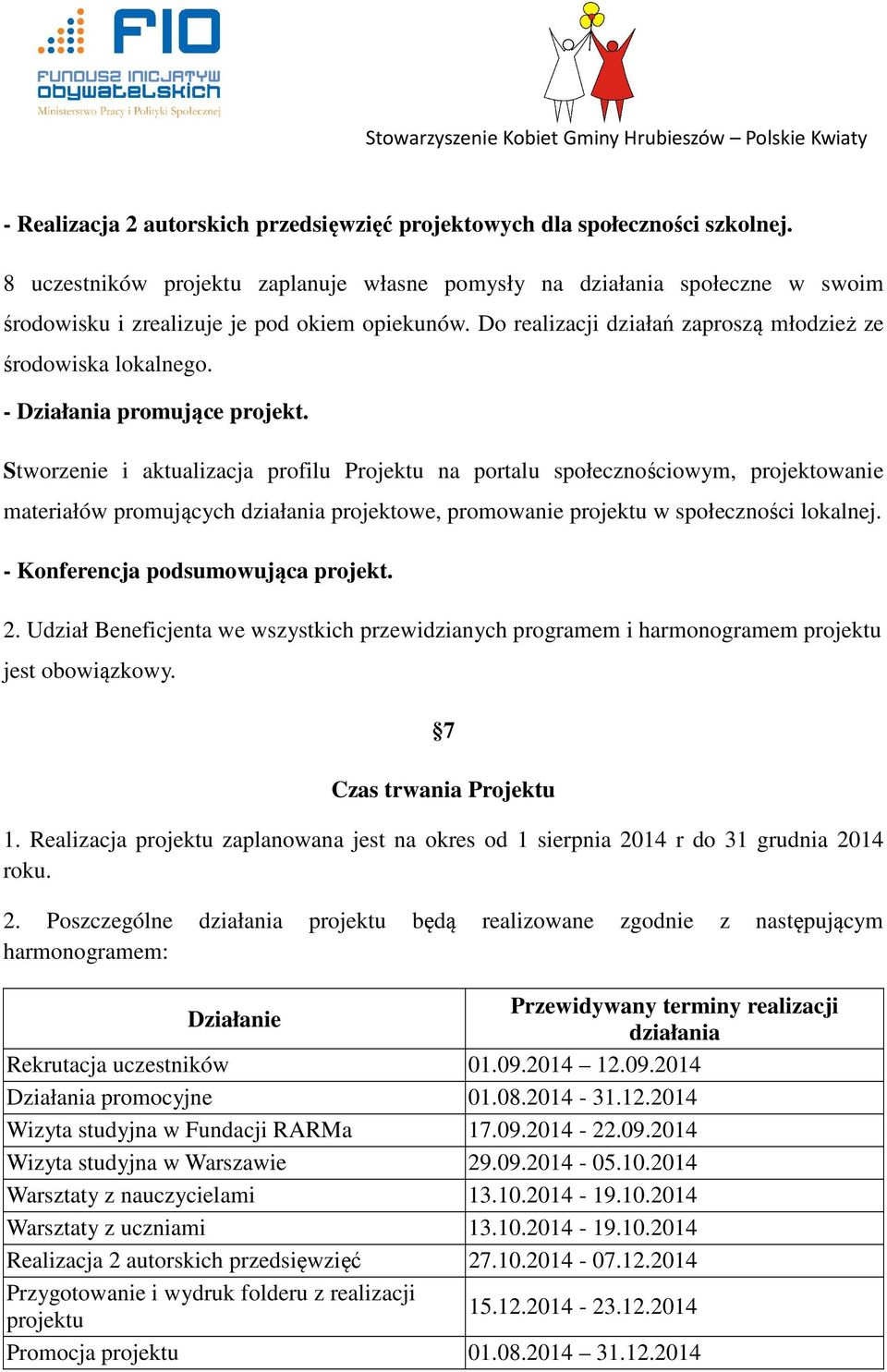 - Działania promujące projekt.