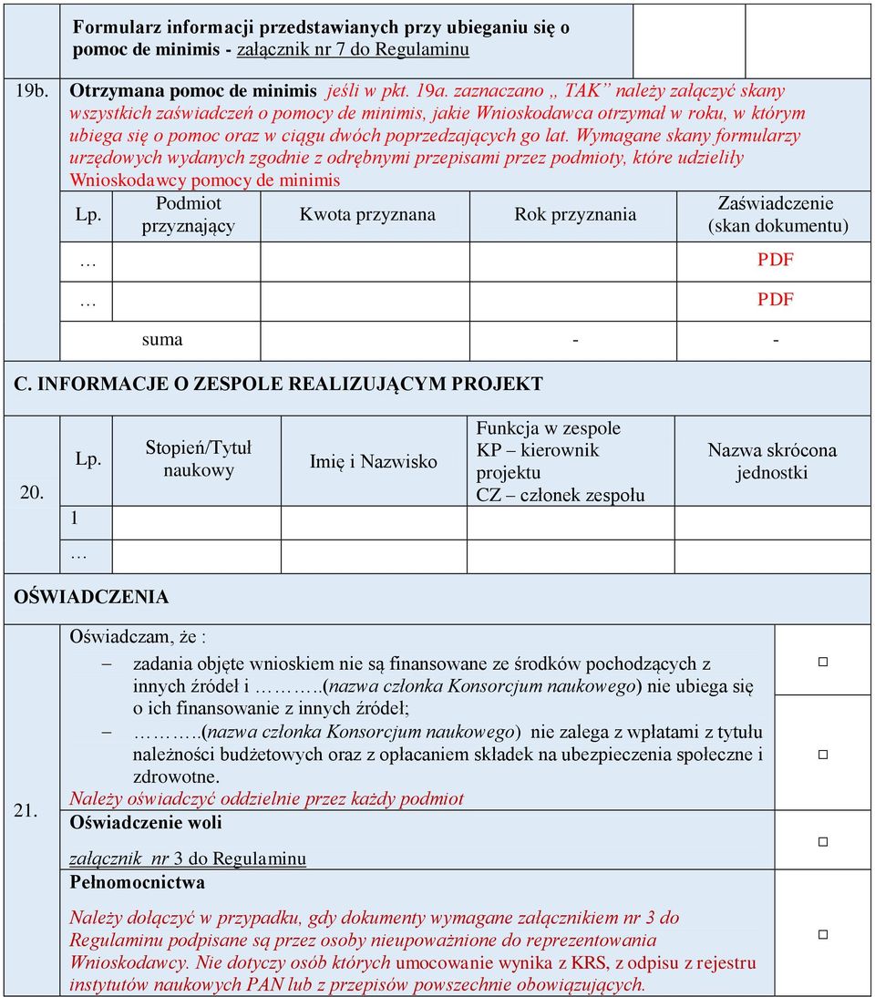 Wymagane skany formularzy urzędowych wydanych zgodnie z odrębnymi przepisami przez podmioty, które udzieliły Wnioskodawcy pomocy de minimis Lp.