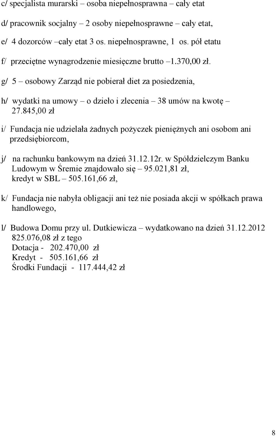 845,00 zł i/ Fundacja nie udzielała żadnych pożyczek pieniężnych ani osobom ani przedsiębiorcom, j/ na rachunku bankowym na dzień 31.12.12r. w Spółdzielczym Banku Ludowym w Śremie znajdowało się 95.