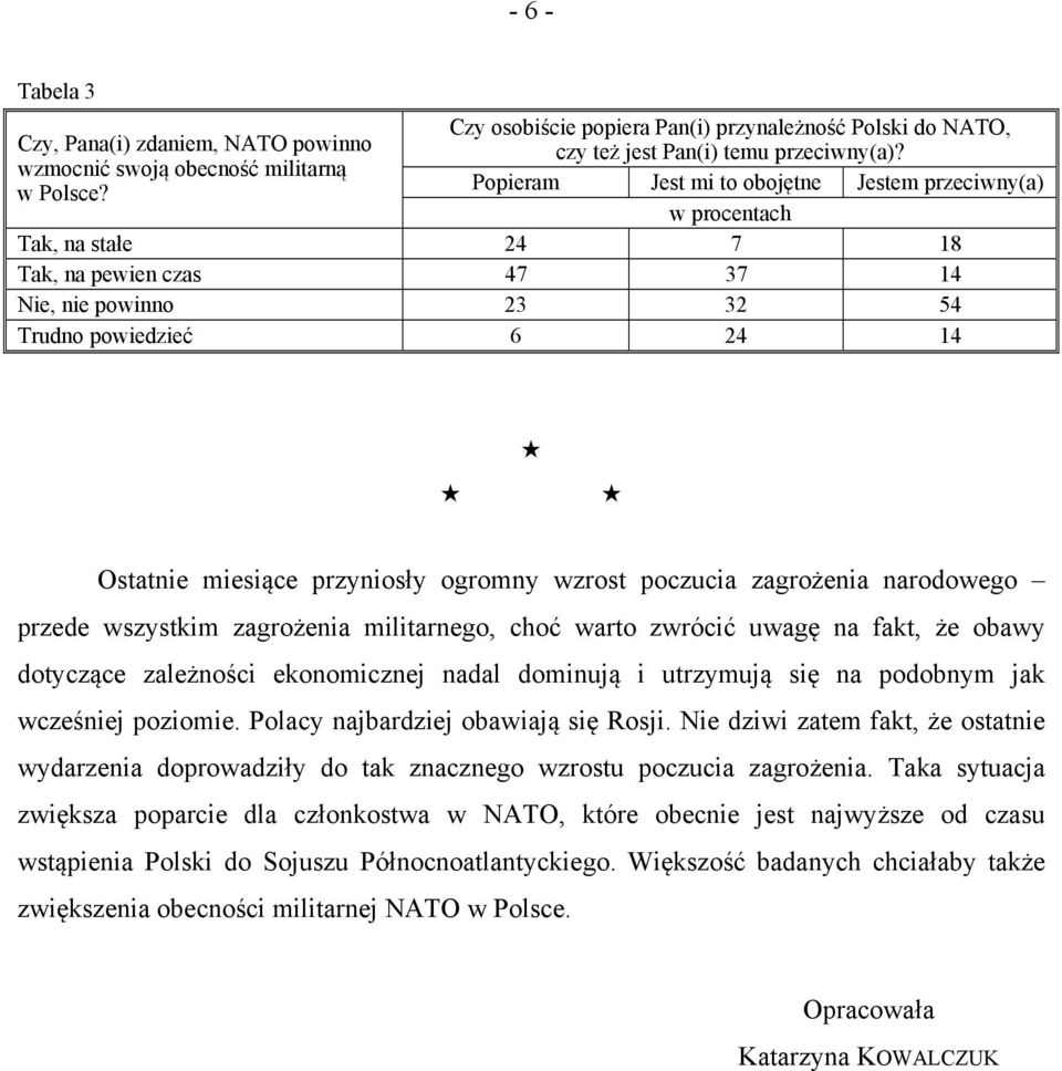 ogromny wzrost poczucia zagrożenia narodowego przede wszystkim zagrożenia militarnego, choć warto zwrócić uwagę na fakt, że obawy dotyczące zależności ekonomicznej nadal dominują i utrzymują się na