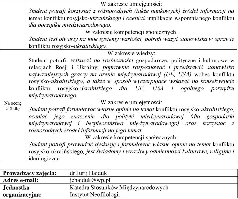 Student potrafi: wskazać na rozbieżności gospodarcze, polityczne i kulturowe w relacjach Rosji i Ukrainy; poprawnie rozpoznawać i przedstawić stanowisko najważniejszych graczy na arenie