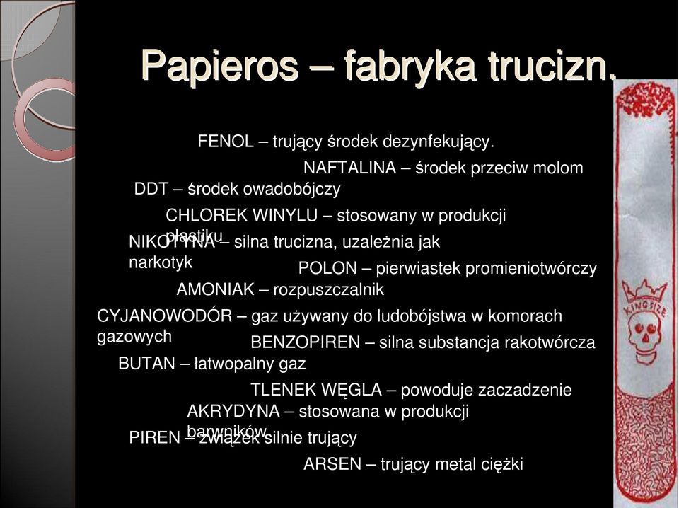 uzależnia jak narkotyk POLON pierwiastek promieniotwórczy AMONIAK rozpuszczalnik CYJANOWODÓR gaz używany do ludobójstwa w