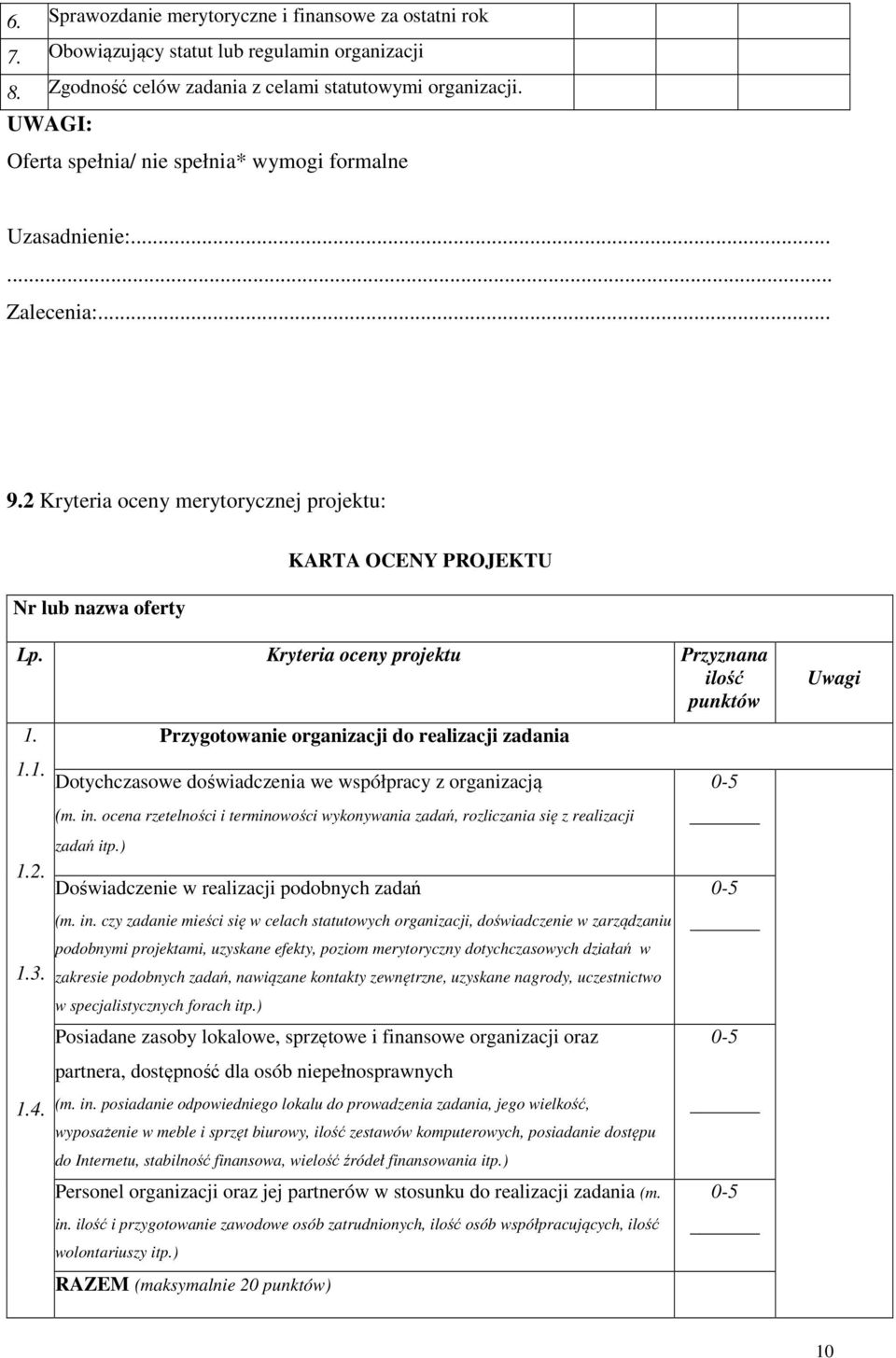 Kryteria oceny projektu Przyznana ilość punktów Uwagi 1. 1.1. 1.2. 1.3. 1.4. Przygotowanie organizacji do realizacji zadania Dotychczasowe doświadczenia we współpracy z organizacją (m. in.