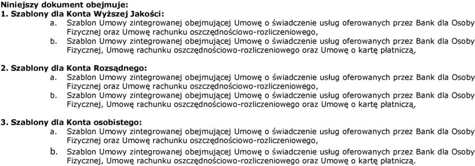 Szablony dla Konta Rozsądnego: a. Szablon Umowy zintegrowanej obejmującej Umowę o świadczenie usług oferowanych przez Bank dla Osoby Fizycznej, b.