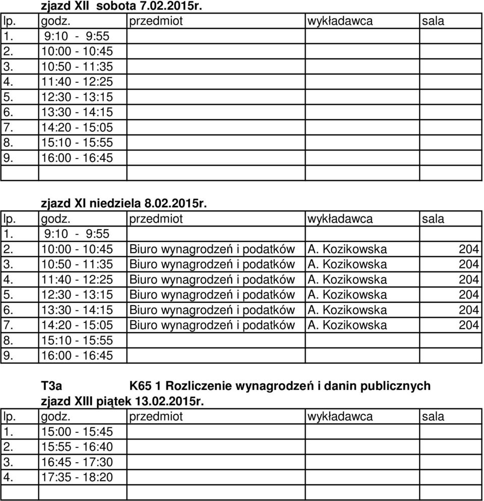 Kozikowska 204 Biuro wynagrodzeń i podatków A. Kozikowska 204 zjazd XIII piątek 13.02.2015r.