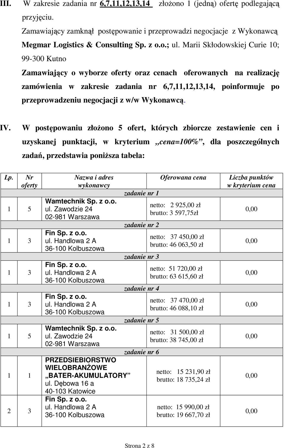6,7,11,12,13,14, poinformuje po przeprowadzeniu negocjacji z w/w Wykonawcą. IV.