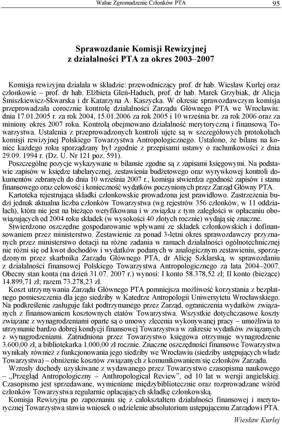 W okresie sprawozdawczym komisja przeprowadzała corocznie kontrolę działalności Zarządu Głównego PTA we Wrocławiu: dnia 17.01.2005 r. za rok 2004, 15.01.2006 za rok 2005 i 10 września br.
