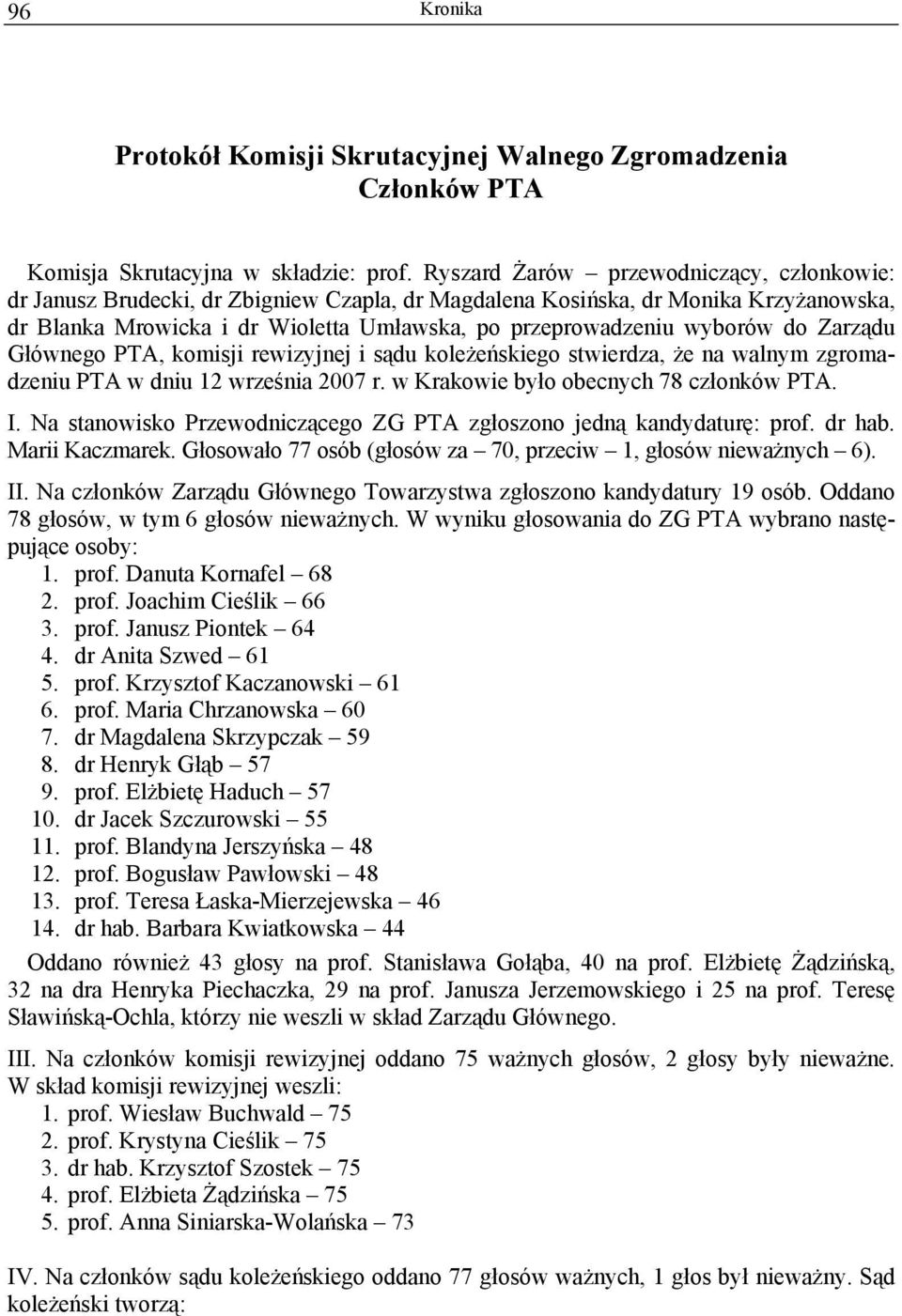 do Zarządu Głównego PTA, komisji rewizyjnej i sądu koleżeńskiego stwierdza, że na walnym zgromadzeniu PTA w dniu 12 września 2007 r. w Krakowie było obecnych 78 członków PTA. I.