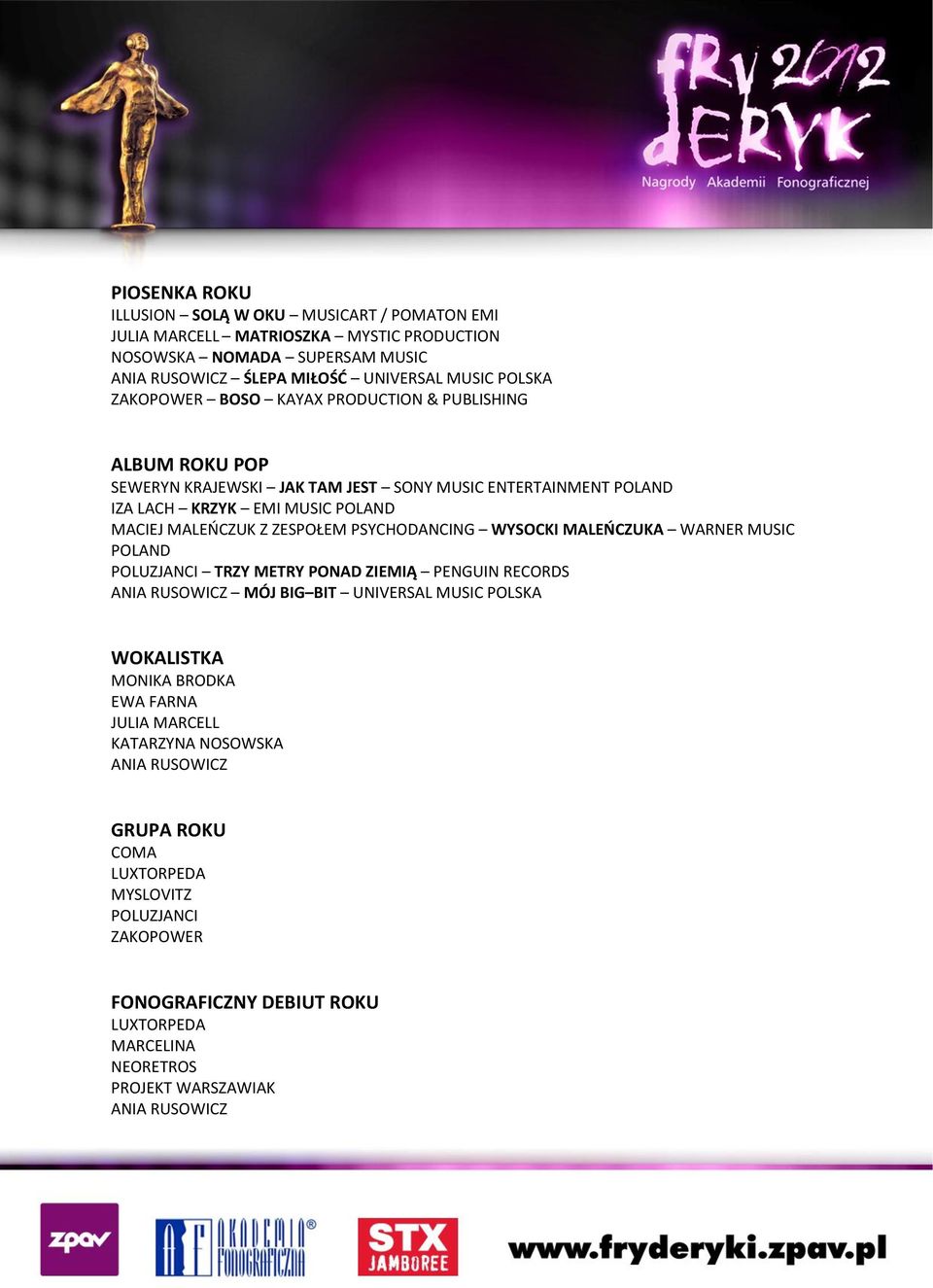 PSYCHODANCING WYSOCKI MALEŃCZUKA WARNER MUSIC POLAND POLUZJANCI TRZY METRY PONAD ZIEMIĄ PENGUIN RECORDS ANIA RUSOWICZ MÓJ BIG BIT UNIVERSAL MUSIC POLSKA WOKALISTKA MONIKA BRODKA EWA