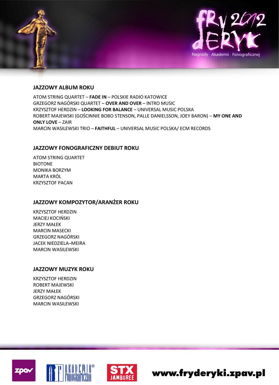 JAZZOWY FONOGRAFICZNY DEBIUT ROKU ATOM STRING QUARTET BIOTONE MONIKA BORZYM MARTA KRÓL KRZYSZTOF PACAN JAZZOWY KOMPOZYTOR/ARANŻER ROKU KRZYSZTOF HERDZIN MACIEJ KOCIŃSKI JERZY