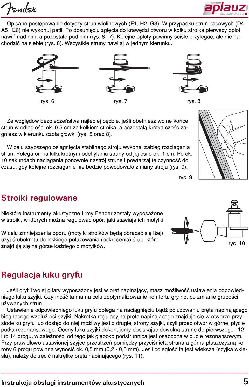 Wszystkie struny nawijaj w jednym kierunku. rys. 6 rys. 7 rys. 8 Ze wzglêdów bezpieczeñstwa najlepiej bêdzie, jeœli obetniesz wolne koñce strun w odleg³oœci ok.