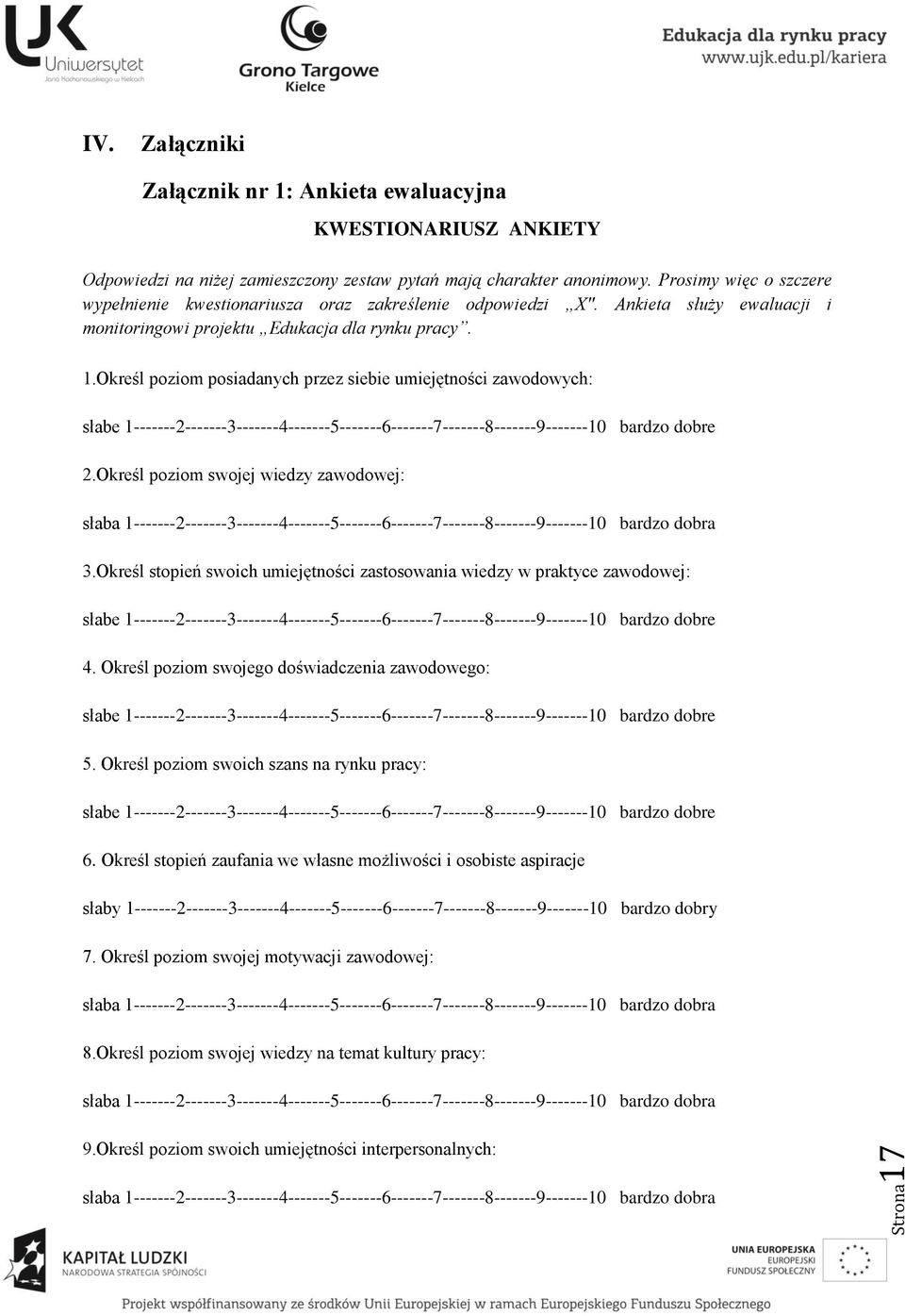 Określ poziom posiadanych przez siebie umiejętności zawodowych: słabe 1-------2-------3-------4-------5-------6-------7-------8-------9-------10 bardzo dobre 2.