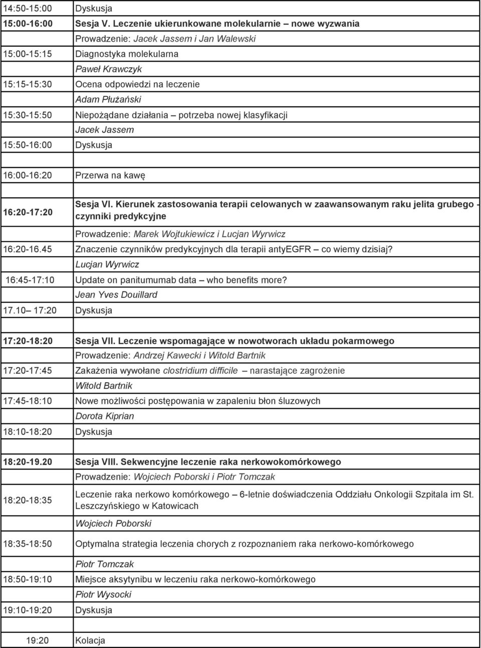 15:30-15:50 Niepożądane działania potrzeba nowej klasyfikacji Jacek Jassem 15:50-16:00 Dyskusja 16:00-16:20 Przerwa na kawę 16:20-17:20 Sesja VI.