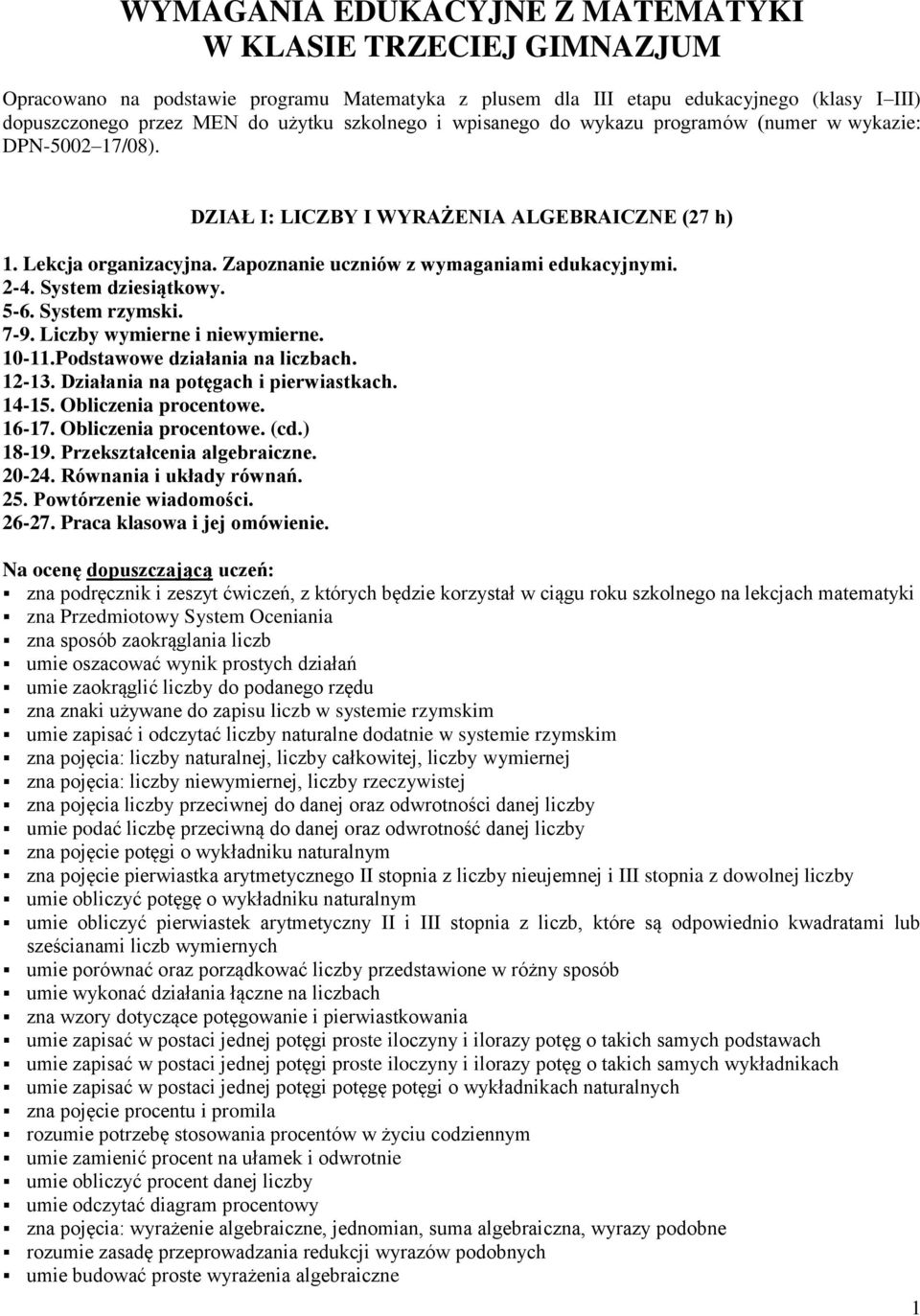 System dziesiątkowy. 5-6. System rzymski. 7-9. Liczby wymierne i niewymierne. 10-11.Podstawowe działania na liczbach. 12-13. Działania na potęgach i pierwiastkach. 14-15. Obliczenia procentowe. 16-17.