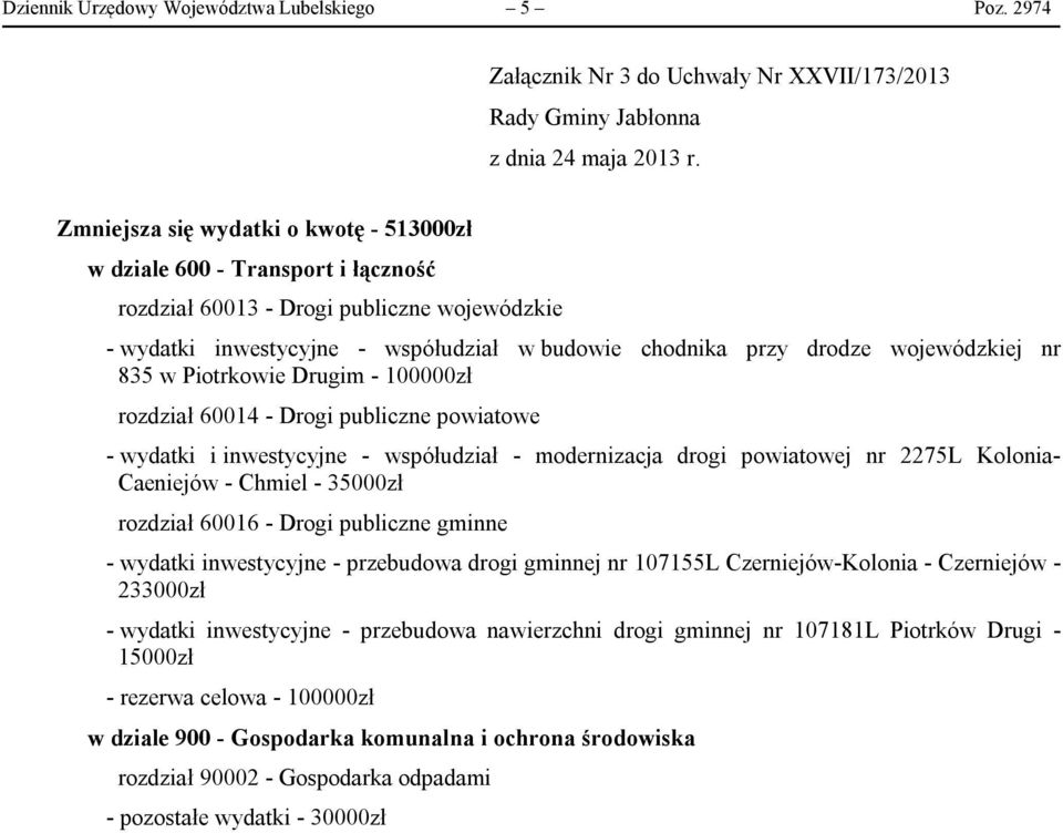 współudział w budowie chodnika przy drodze wojewódzkiej nr 835 w Piotrkowie Drugim - 100000zł rozdział 60014 - Drogi publiczne powiatowe - wydatki i inwestycyjne - współudział - modernizacja drogi