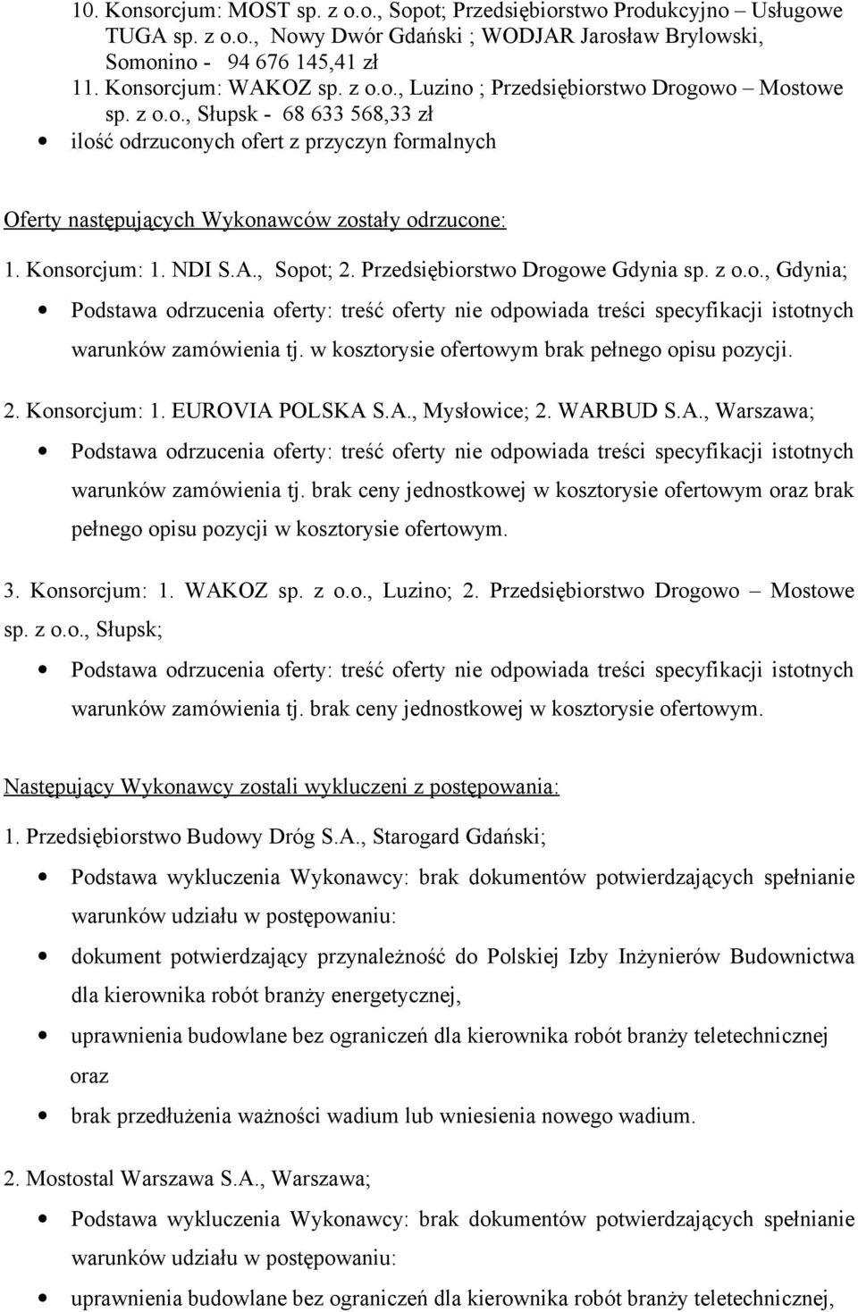 Przedsiębiorstwo Drogowe Gdynia sp. z o.o., Gdynia; warunków zamówienia tj. w kosztorysie ofertowym brak pełnego opisu pozycji. 2. Konsorcjum: 1. EUROVIA POLSKA S.A., Mysłowice; 2. WARBUD S.A., Warszawa; warunków zamówienia tj.