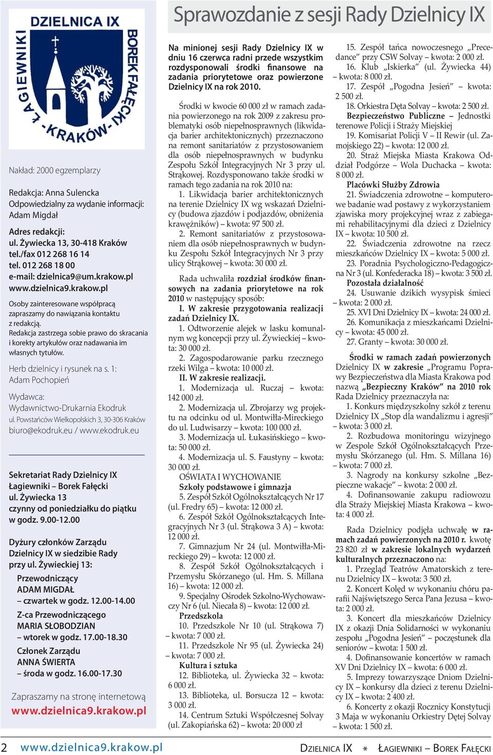 Redakcja zastrzega sobie prawo do skracania i korekty artykułów oraz nadawania im własnych tytułów. Herb dzielnicy i rysunek na s. 1: Adam Pochopień Wydawca: Wydawnictwo-Drukarnia Ekodruk ul.