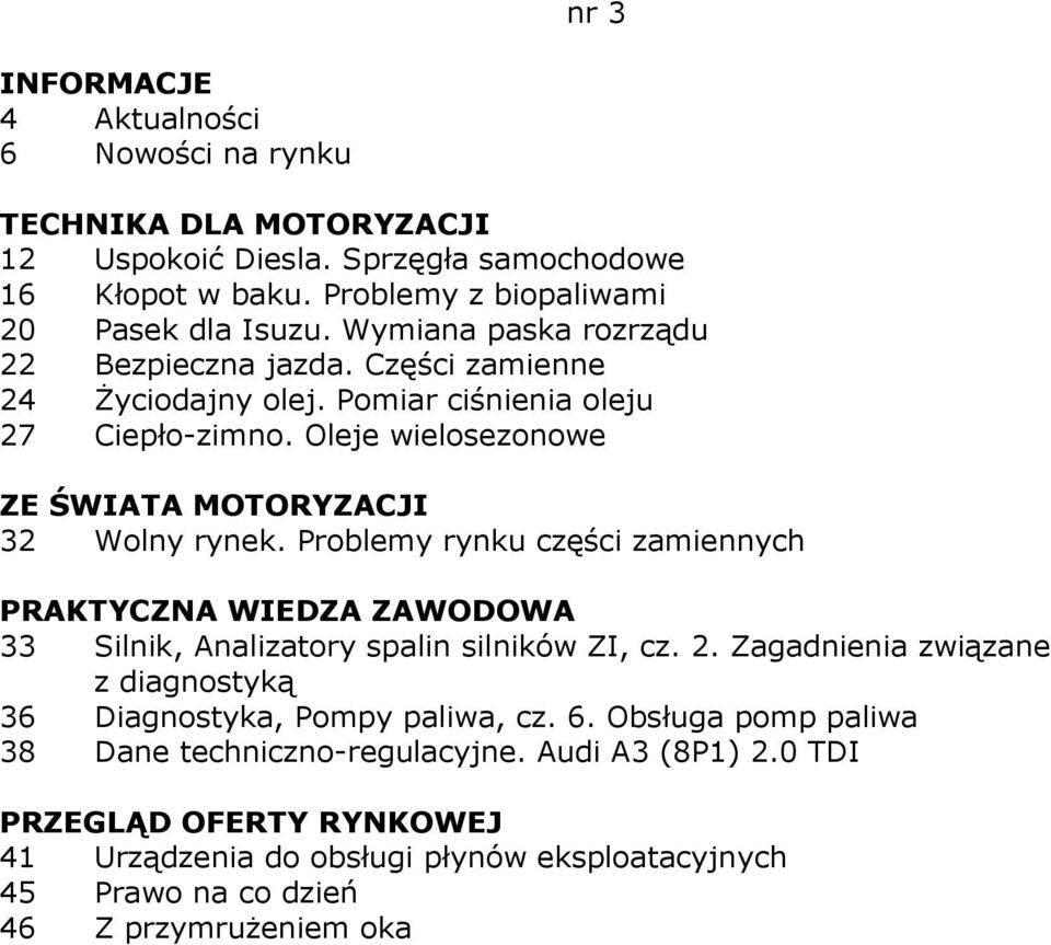 Oleje wielosezonowe 32 Wolny rynek. Problemy rynku części zamiennych 33 Silnik, Analizatory spalin silników ZI, cz. 2.