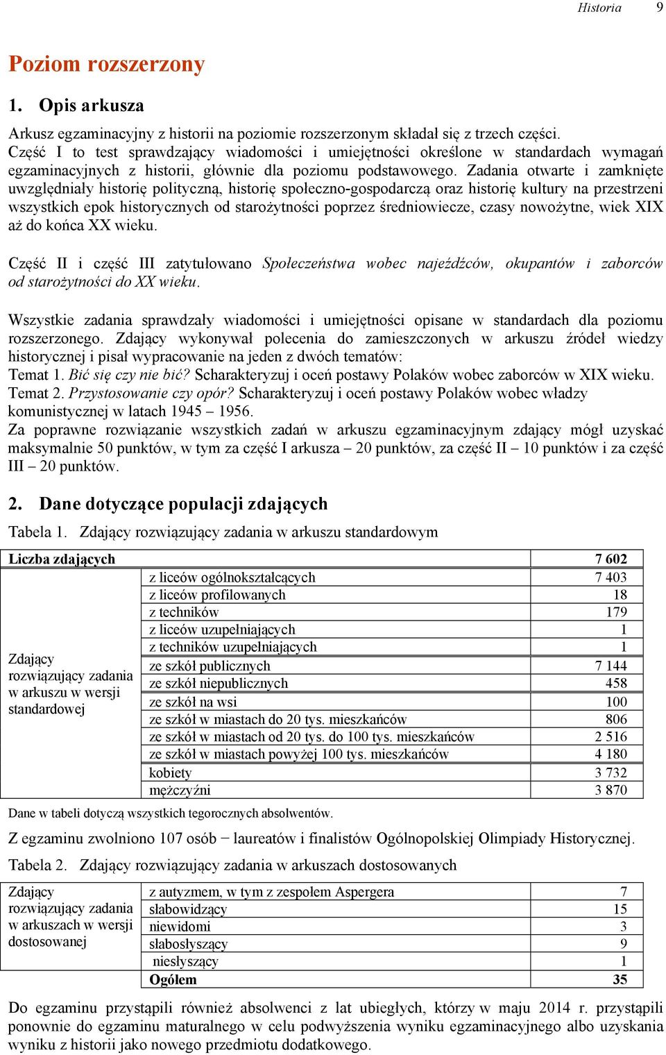 Zadania otwarte i zamknięte uwzględniały historię polityczną, historię społeczno-gospodarczą oraz historię kultury na przestrzeni wszystkich epok historycznych od starożytności poprzez średniowiecze,