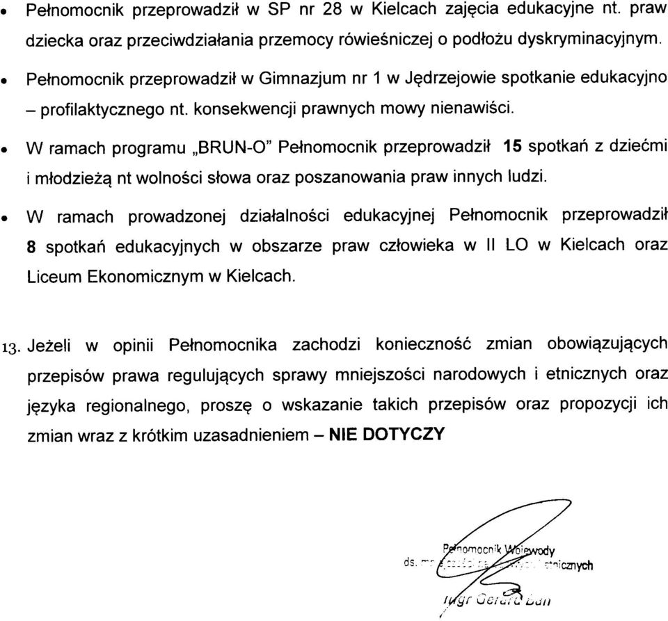 W ramach programu BRUN-0" Petnomocnik przeprowadzit 15 spotkah z dziecmi i mtodziezy nt wolnosci stowa oraz poszanowania praw innych ludzi.