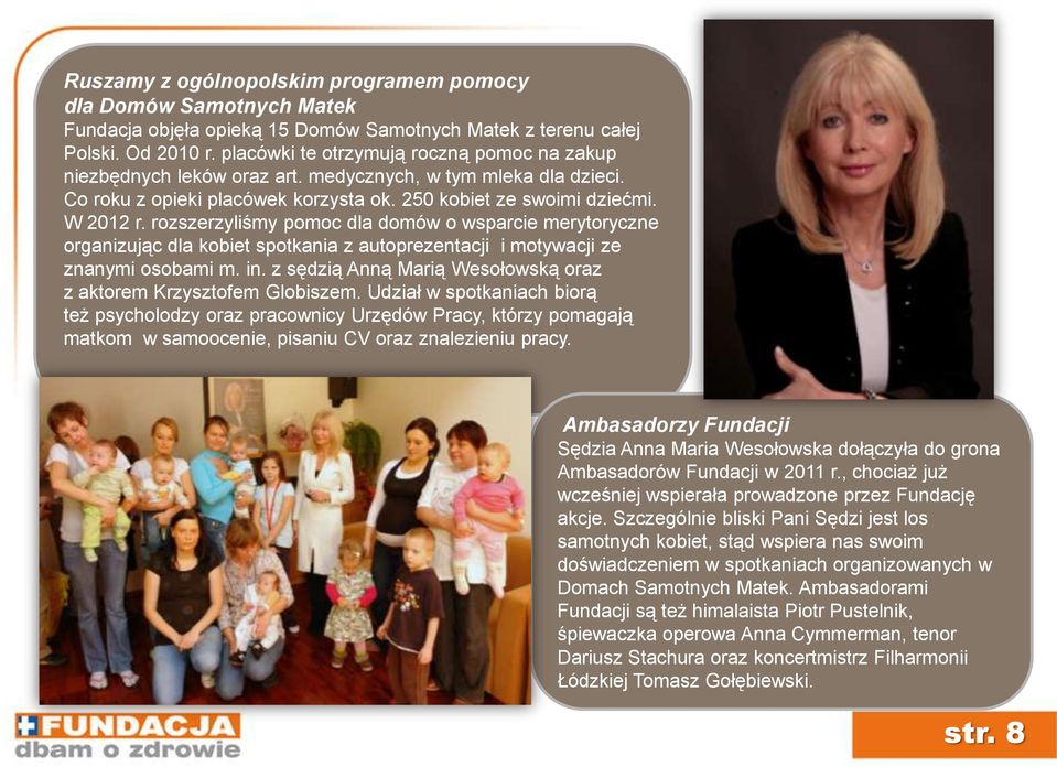 rozszerzyliśmy pomoc dla domów o wsparcie merytoryczne organizując dla kobiet spotkania z autoprezentacji i motywacji ze znanymi osobami m. in.