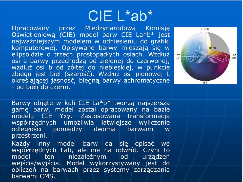 WzdłuŜ osi a barwy przechodzą od zielonej do czerwonej, wzdłuŝ osi b od Ŝółtej do niebieskiej, w punkcie zbiegu jest biel (szarość).