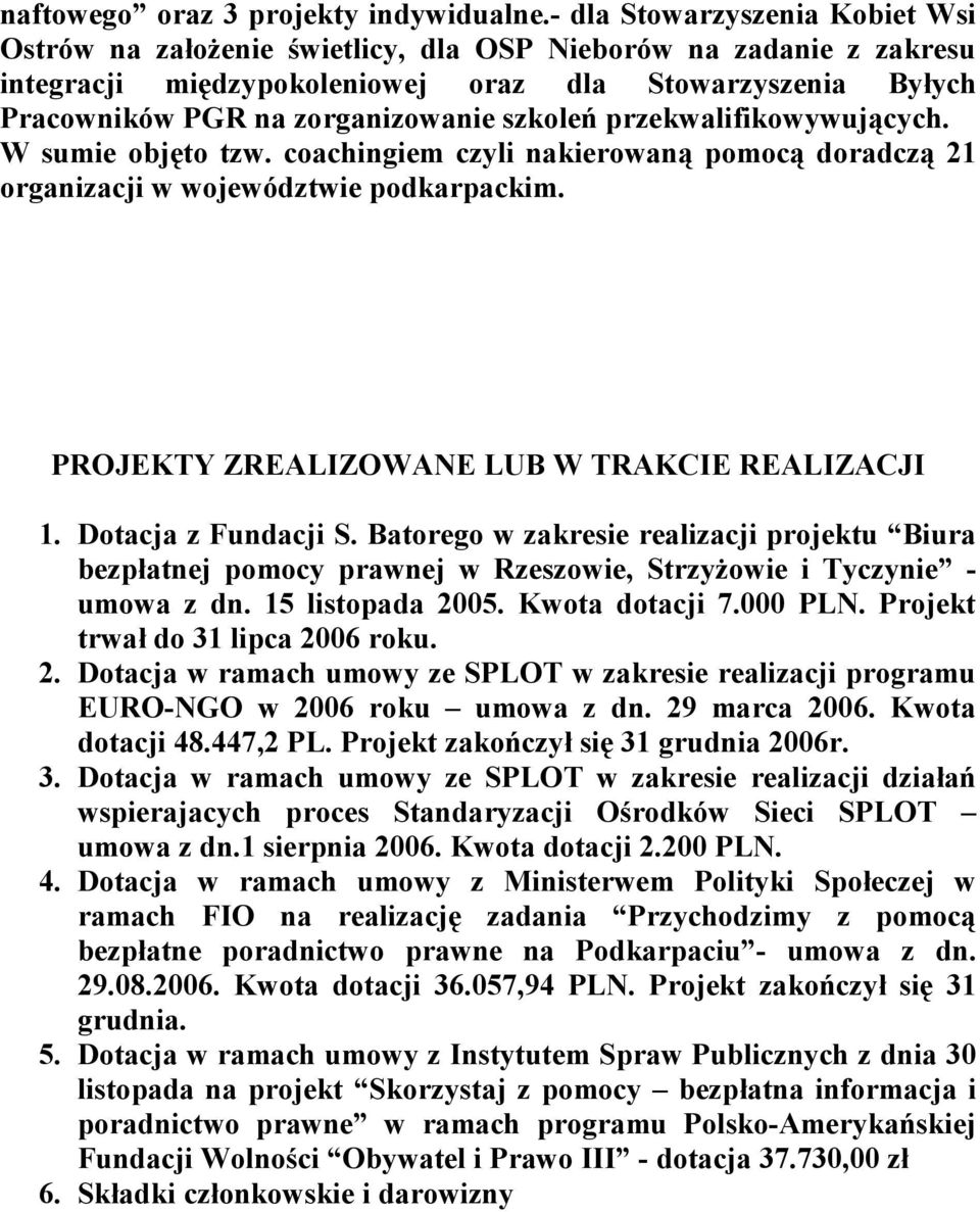 szkoleń przekwalifikowywujących. W sumie objęto tzw. coachingiem czyli nakierowaną pomocą doradczą 21 organizacji w województwie podkarpackim. PROJEKTY ZREALIZOWANE LUB W TRAKCIE REALIZACJI 1.