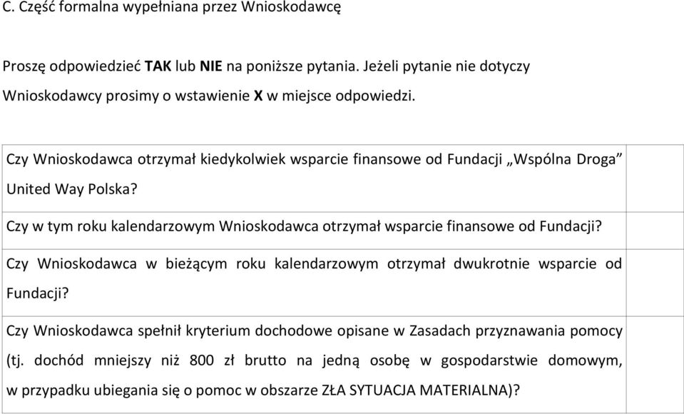 Czy Wnioskodawca otrzymał kiedykolwiek wsparcie finansowe od Fundacji Wspólna Droga United Way Polska?