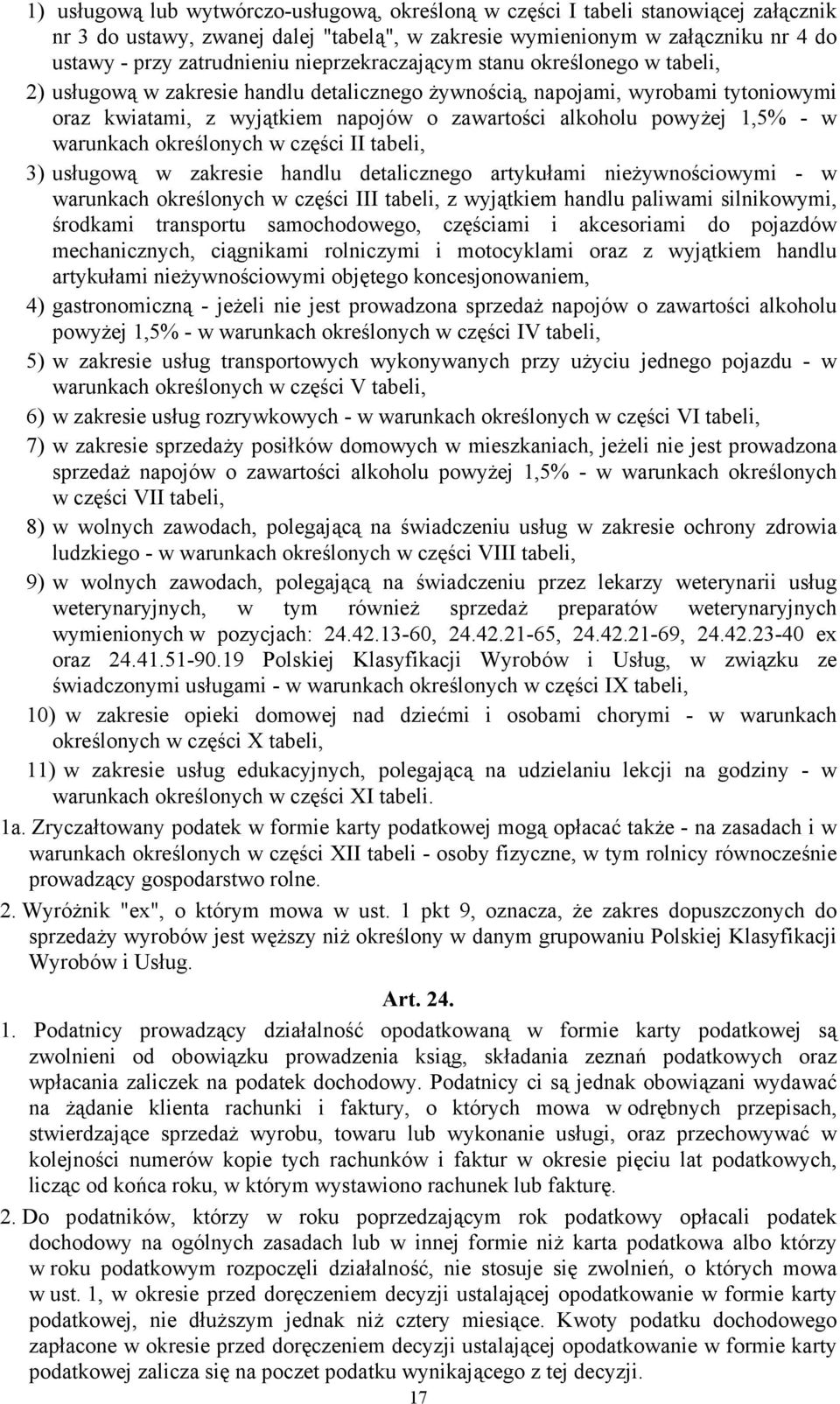 1,5% - w warunkach określonych w części II tabeli, 3) usługową w zakresie handlu detalicznego artykułami nieżywnościowymi - w warunkach określonych w części III tabeli, z wyjątkiem handlu paliwami