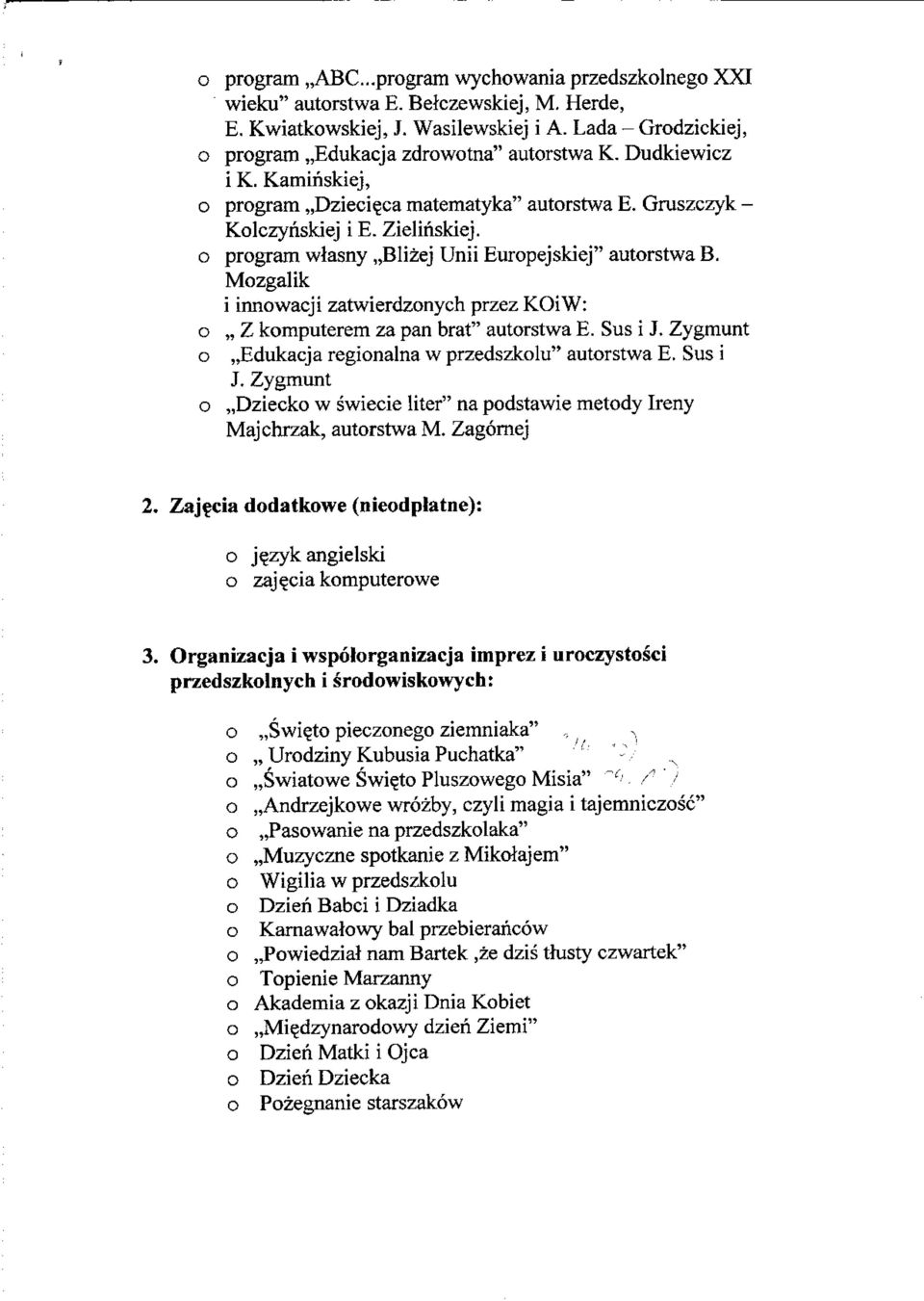 Mzgalik i innwacji zatwierdznych przez KOiW: Z kmputerem za pan brat" autrstwa E. Sus i J. Zygmunt,,Edukacja reginalna w przedszklu" autrstwa E. Sus i J. Zygmunt,,Dzieck w swiecie liter" na pdstawie metdy Ireny Majchrzak, autrstwa M.
