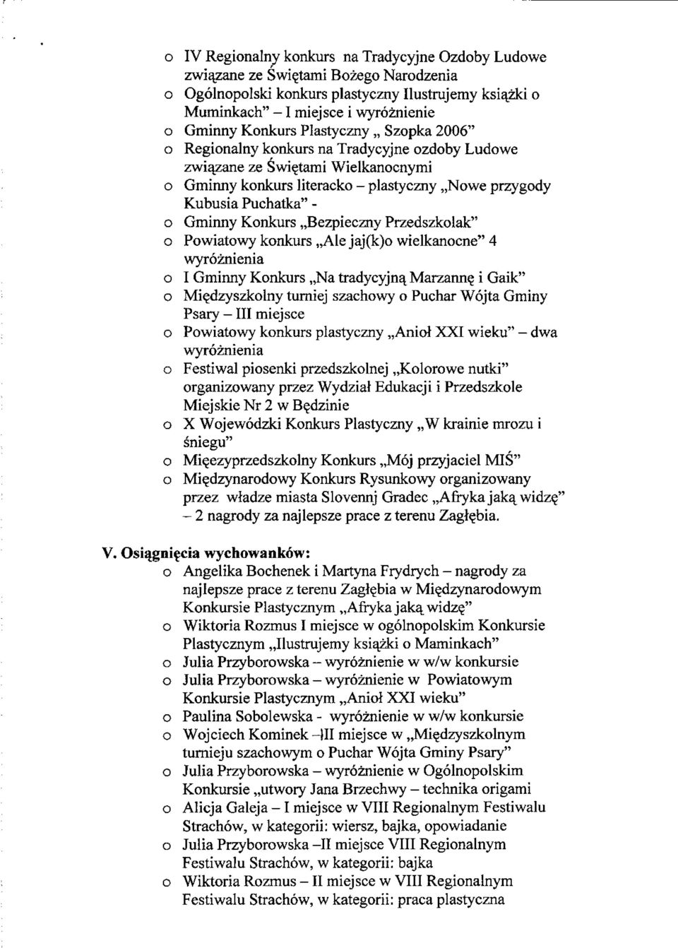 knkurs,,ale jaj(k) wielkancne" 4 wyrznienia I Gminny Knkurs,,Na tradycyjne Marzann^ i Gaik" Mi^dzyszklny turniej szachwy Puchar Wjta Gminy Psary - III miejsce Pwiatwy knkurs plastyczny,,anij XXI
