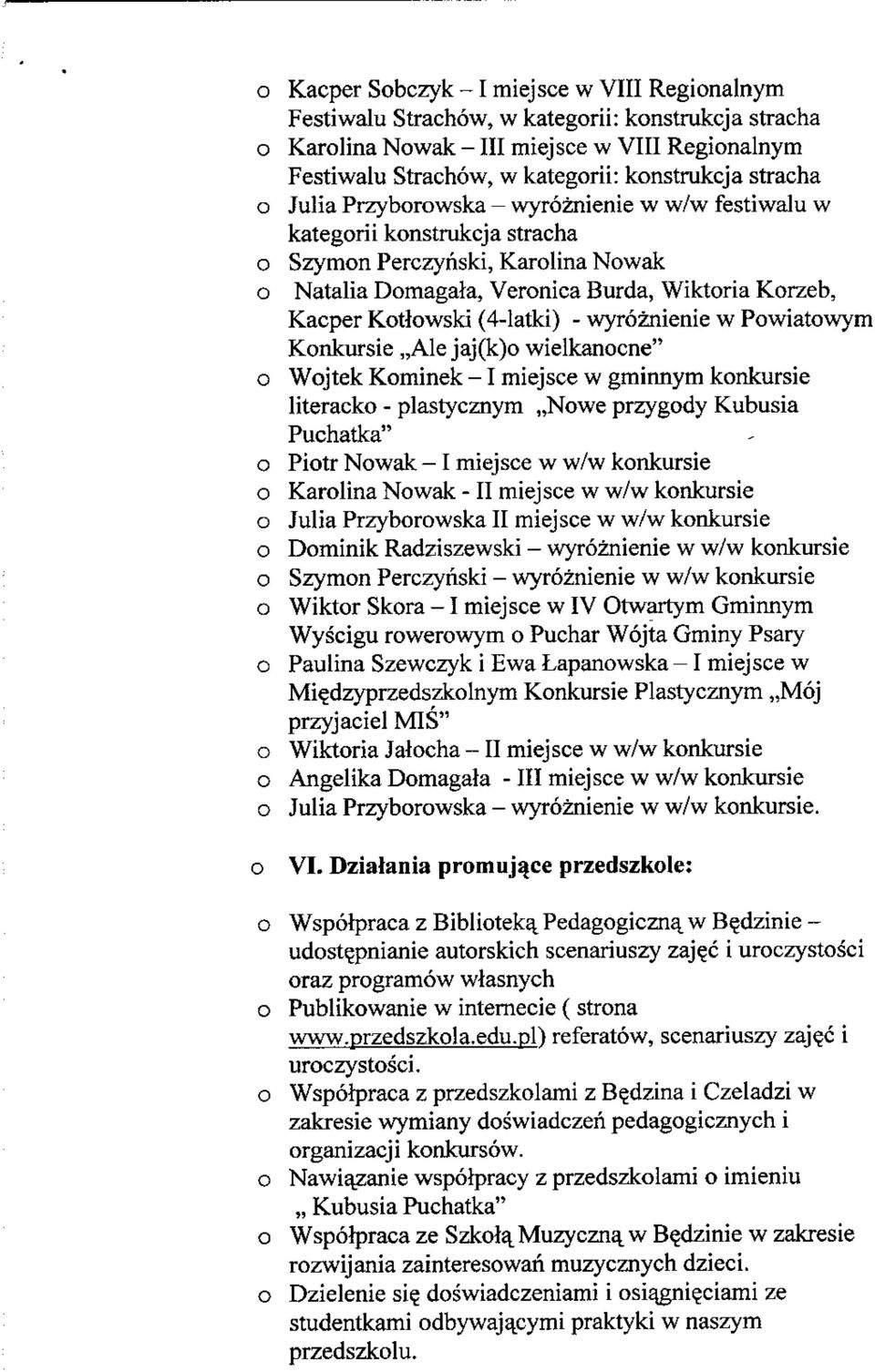 Knkursie,,Ale jaj(k) wielkancne" Wjtek Kminek -1 miejsce w gminnym knkursie literack - plastycznym,,nwe przygdy Kubusia Puchatka" Pitr Nwak -1 miejsce w w/w knkursie Karlina Nwak - II miejsce w w/w