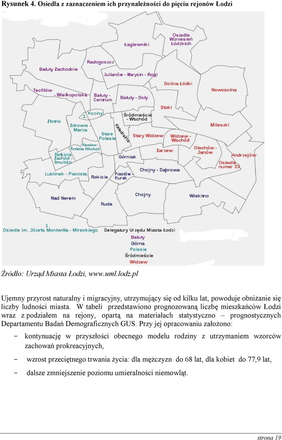 W tabeli przedstawiono prognozowaną liczbę mieszkańców Łodzi wraz z podziałem na rejony, opartą na materiałach statystyczno prognostycznych Departamentu Badań