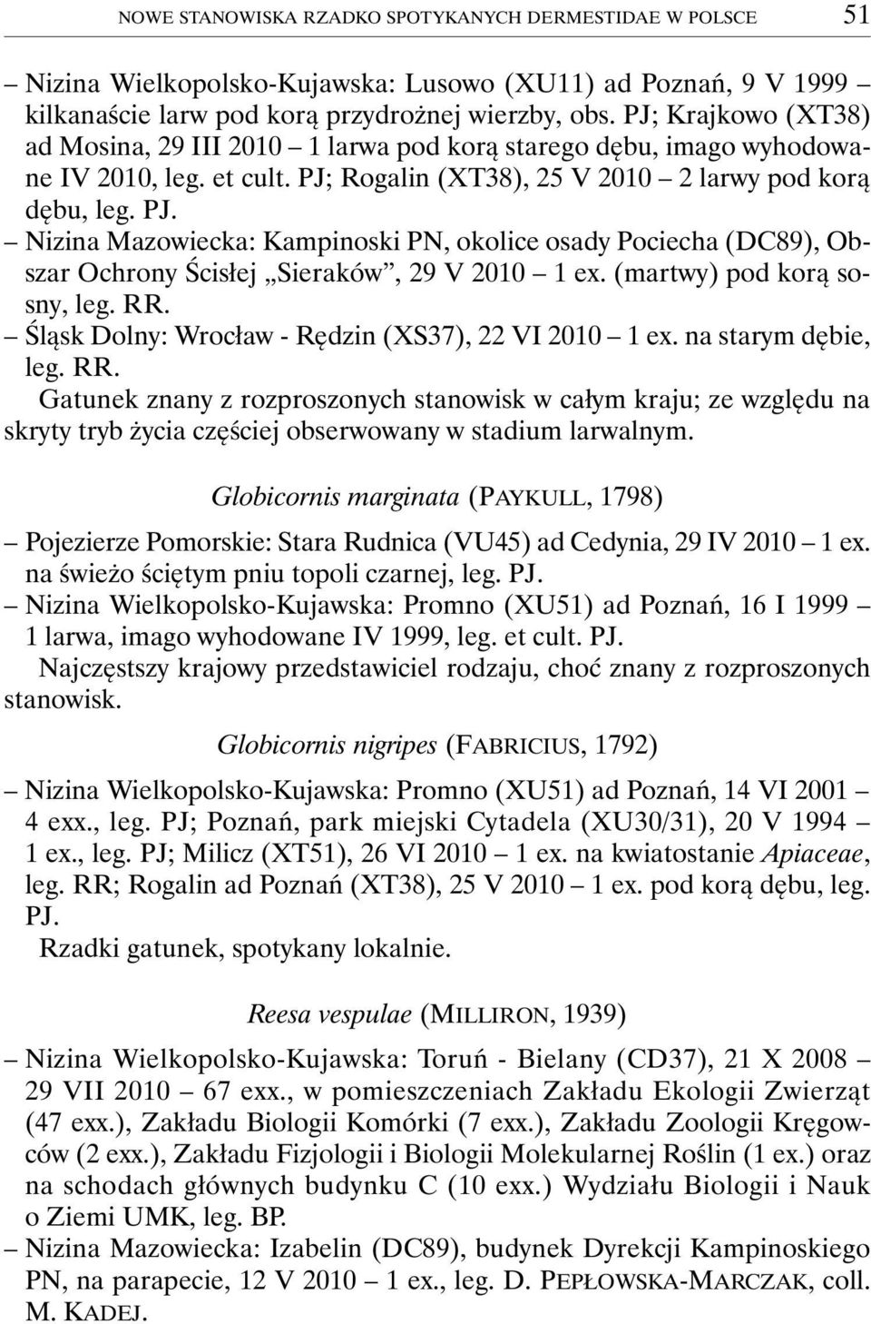 Rogalin (XT38), 25 V 2010 2 larwy pod korą dębu, leg. PJ. Nizina Mazowiecka: Kampinoski PN, okolice osady Pociecha (DC89), Obszar Ochrony Ścisłej Sieraków, 29 V 2010 1 ex.