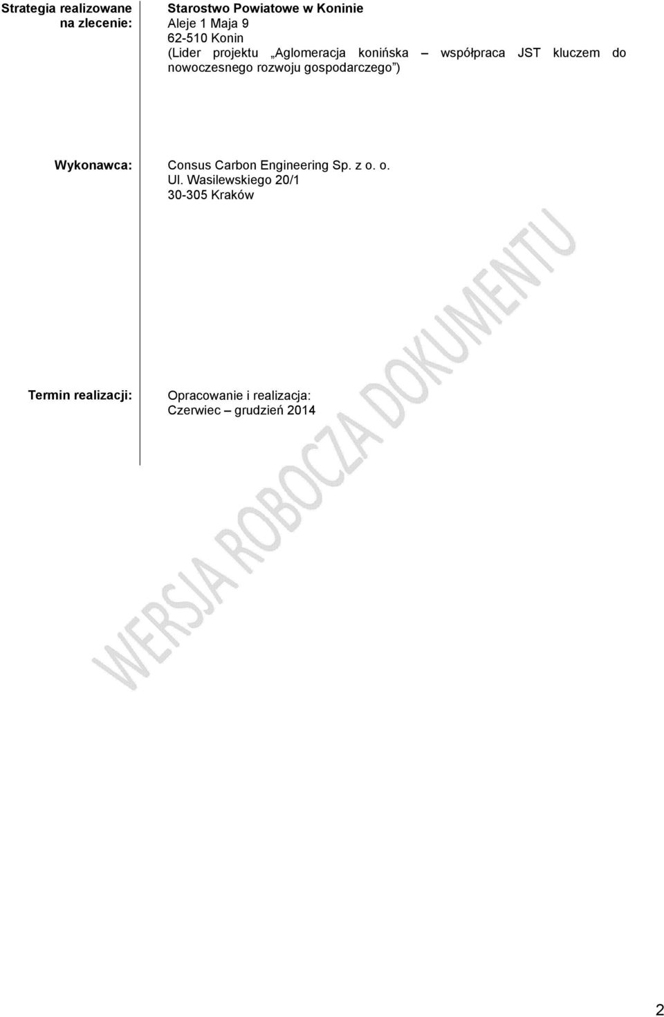 rozwoju gospodarczego ) Wykonawca: Consus Carbon Engineering Sp. z o. o. Ul.