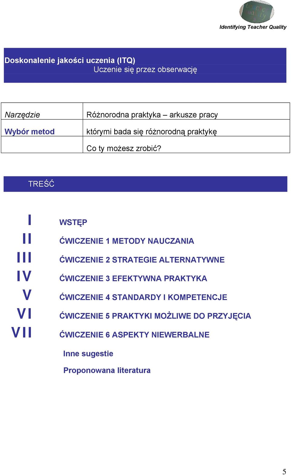 TREŚĆ I II III IV V VI VII WSTĘP ĆWICZENIE 1 METODY NAUCZANIA ĆWICZENIE 2 STRATEGIE ALTERNATYWNE ĆWICZENIE 3