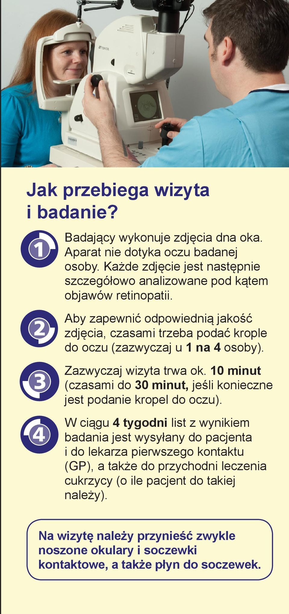 Aby zapewnić odpowiednią jakość zdjęcia, czasami trzeba podać krople do oczu (zazwyczaj u 1 na 4 osoby). Zazwyczaj wizyta trwa ok.