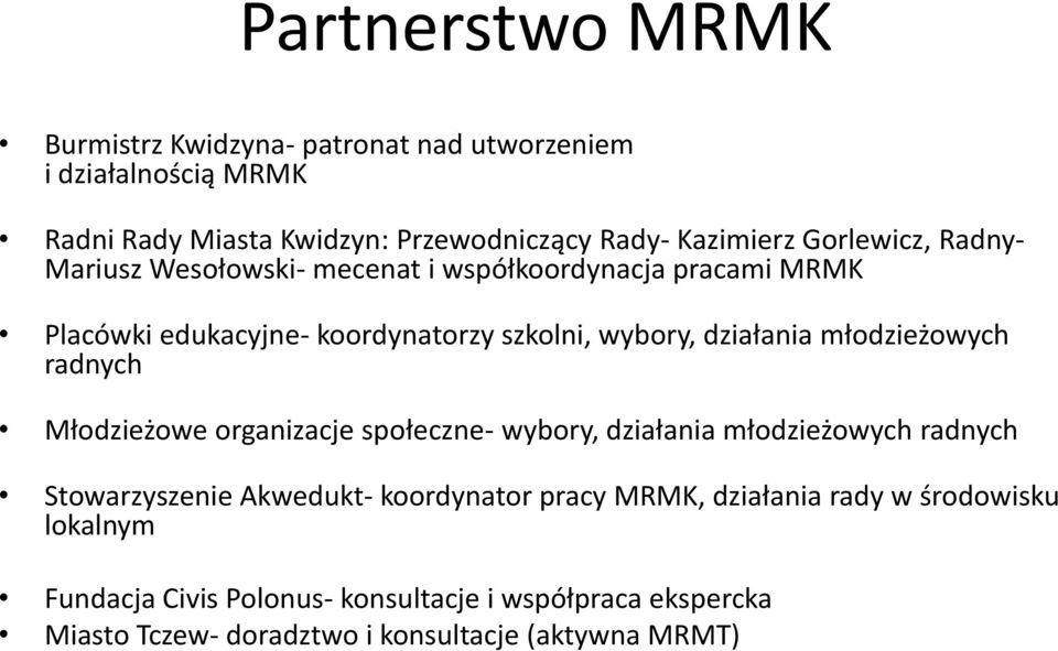 młodzieżowych radnych Młodzieżowe organizacje społeczne- wybory, działania młodzieżowych radnych Stowarzyszenie Akwedukt- koordynator pracy