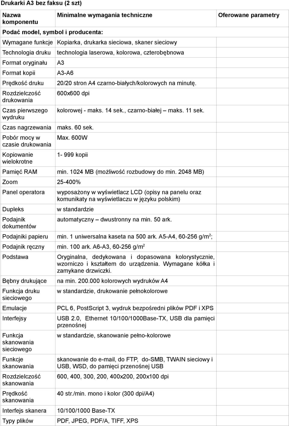1 uniwersalna kaseta na 500 ark. A5-A4, 60-256 g/m 2 ; ręczny min. 100 ark.