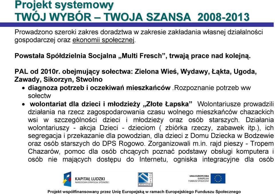 rozpoznanie potrzeb ww sołectw wolontariat dla dzieci i młodzieży Złote Łapska Wolontariusze prowadzili działania na rzecz zagospodarowania czasu wolnego mieszkańców chazackich wsi w szczególności