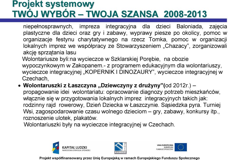 Zakopanem.- z programem edukacyjnym dla wolontariuszy, wycieczce integracyjnej KOPERNIK I DINOZAURY, wycieczce integracyjnej w Czechach, Wolontaruszki z Łaszczyna Dziewczyny z drużyny (od 2012r.