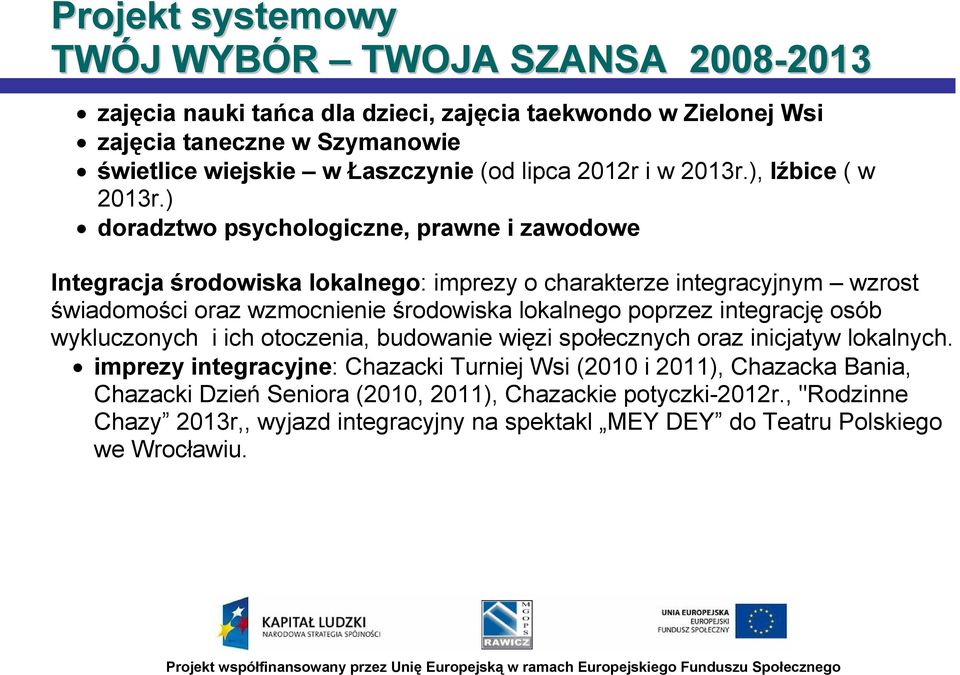 ) doradztwo psychologiczne, prawne i zawodowe Integracja środowiska lokalnego: imprezy o charakterze integracyjnym wzrost świadomości oraz wzmocnienie środowiska lokalnego