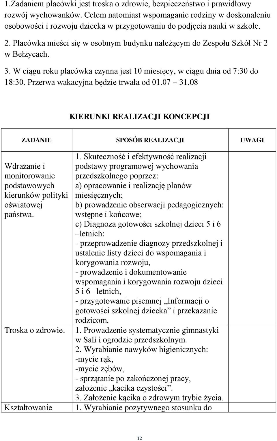 Placówka mieści się w osobnym budynku należącym do Zespołu Szkół Nr 2 w Bełżycach. 3. W ciągu roku placówka czynna jest 10 miesięcy, w ciągu dnia od 7:30 do 18:30.