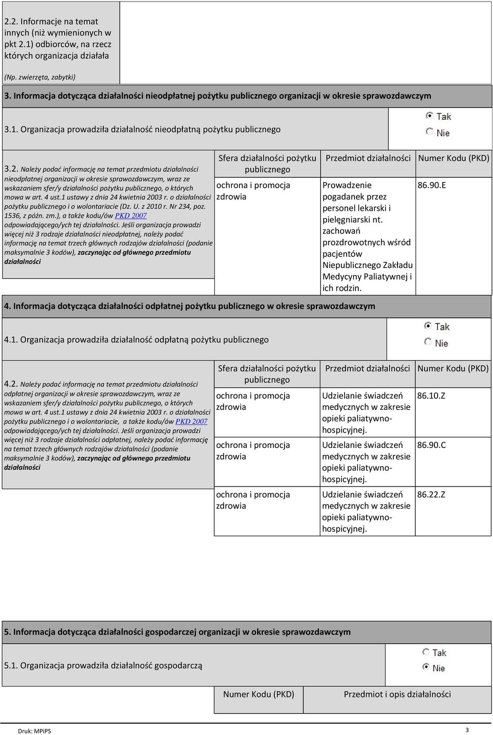 Należy podać informację na temat przedmiotu działalności nieodpłatnej organizacji w okresie sprawozdawczym, wraz ze wskazaniem sfer/y działalności pożytku publicznego, o których mowa w art. 4 ust.