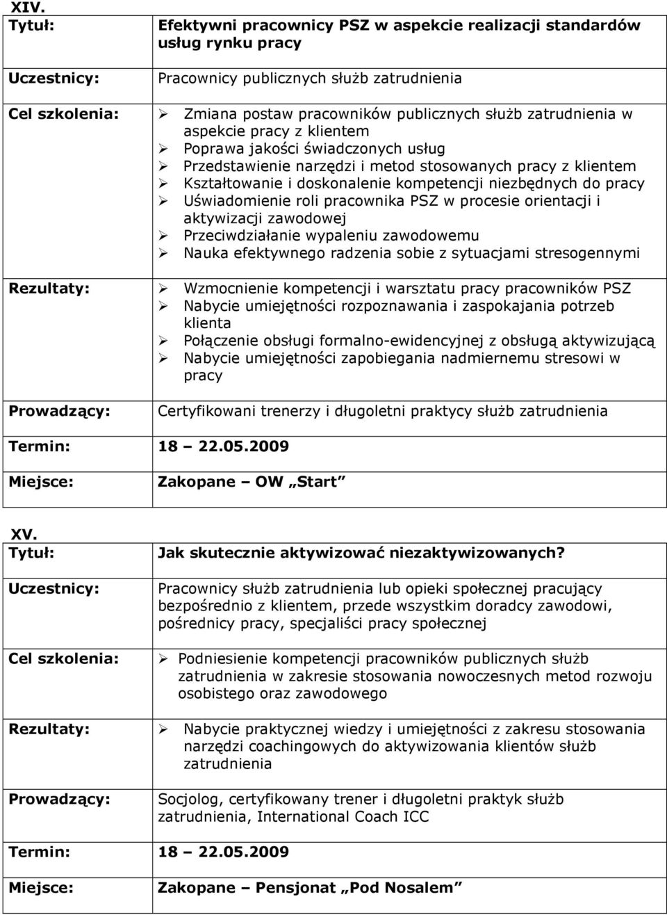 PSZ w procesie orientacji i aktywizacji zawodowej Przeciwdziałanie wypaleniu zawodowemu Nauka efektywnego radzenia sobie z sytuacjami stresogennymi Wzmocnienie kompetencji i warsztatu pracy