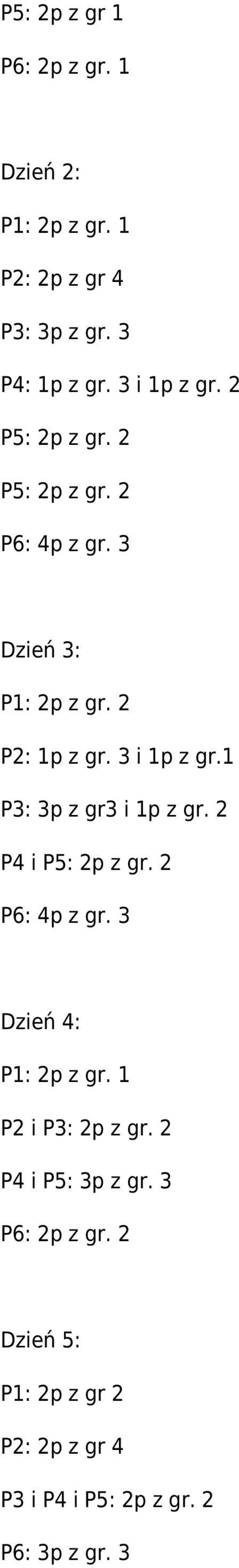 3 i 1p z gr.1 P3: 3p z gr3 i 1p z gr. 2 P4 i P5: 2p z gr. 2 P6: 4p z gr. 3 Dzień 4: P1: 2p z gr.