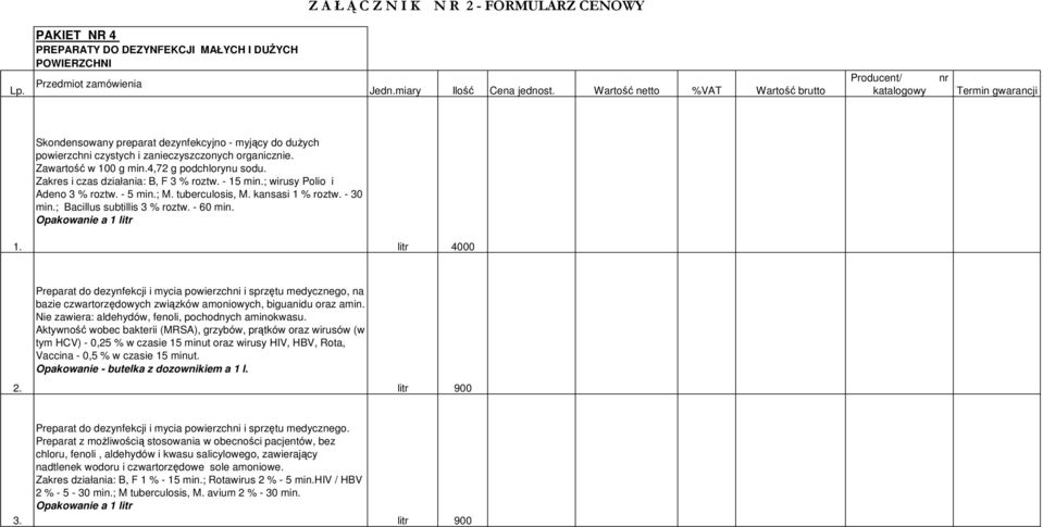 - 60 min. Opakowanie a 1 litr litr 4000 2. Preparat do dezynfekcji i mycia powierzchni i sprzętu medycznego, na bazie czwartorzędowych związków amoniowych, biguanidu oraz amin.