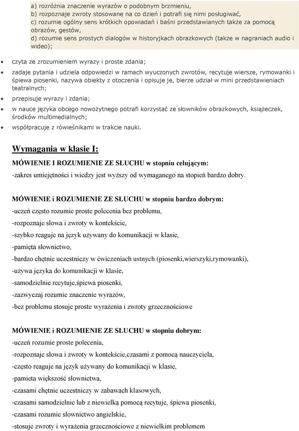 odpowiedzi w ramach wyuczonych zwrotów, recytuje wiersze, rymowanki i śpiewa piosenki, nazywa obiekty z otoczenia i opisuje je, bierze udział w mini przedstawieniach teatralnych; przepisuje wyrazy i