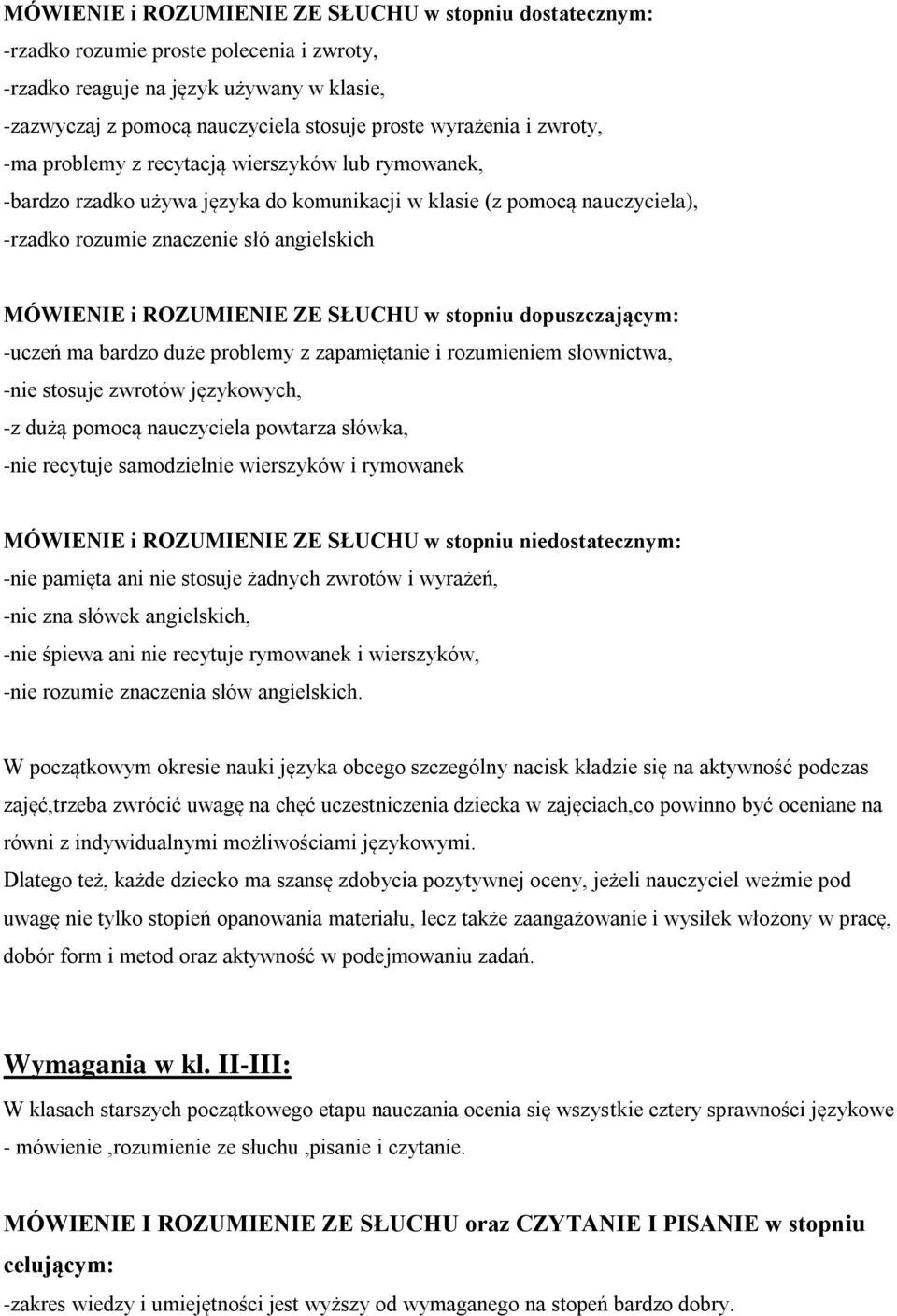 ROZUMIENIE ZE SŁUCHU w stopniu dopuszczającym: -uczeń ma bardzo duże problemy z zapamiętanie i rozumieniem słownictwa, -nie stosuje zwrotów językowych, -z dużą pomocą nauczyciela powtarza słówka,