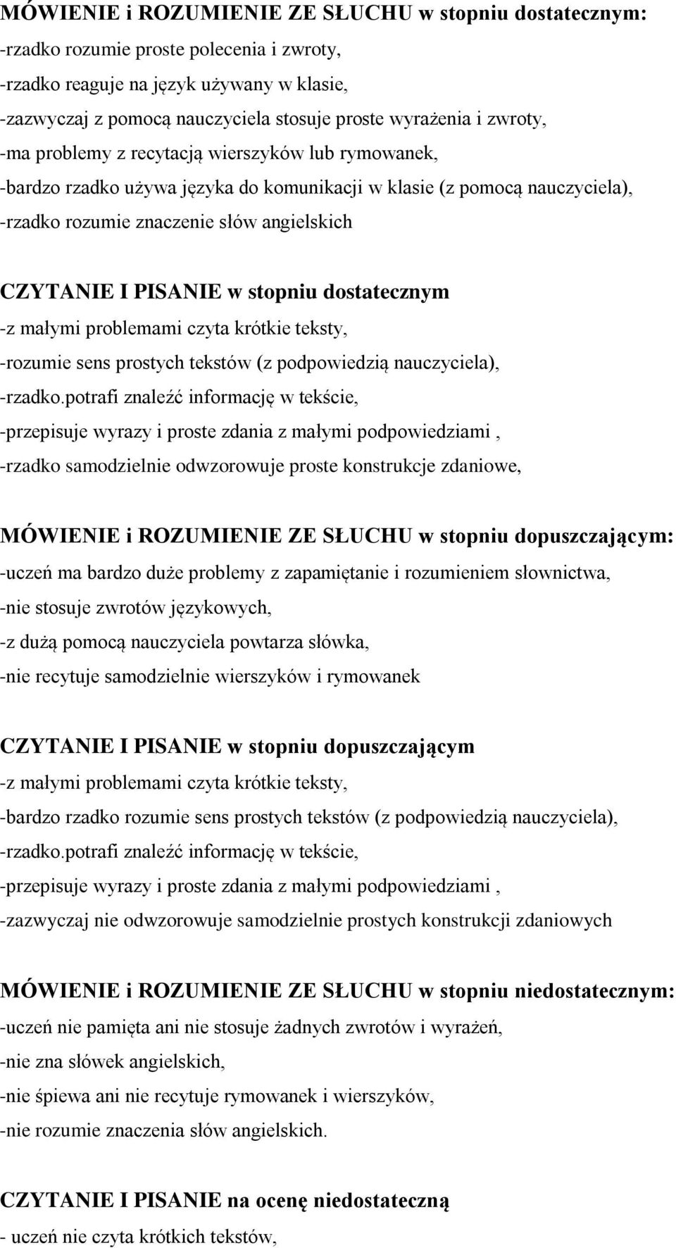w stopniu dostatecznym -z małymi problemami czyta krótkie teksty, -rozumie sens prostych tekstów (z podpowiedzią nauczyciela), -rzadko.